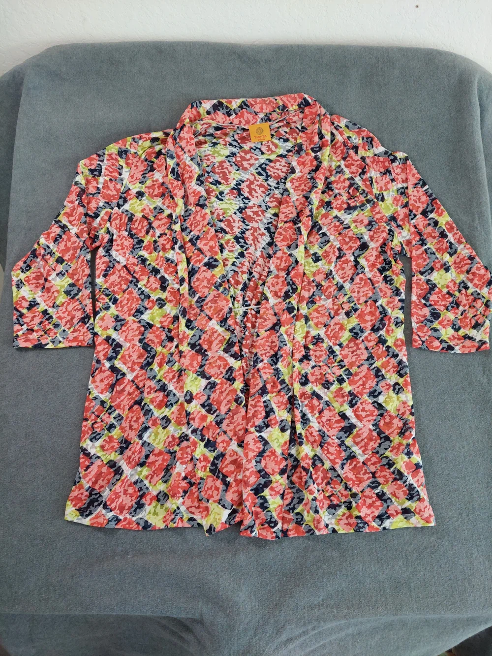 Ruby Rd. Woman 1X Geometric Abstract Open Front Cardigan Coral Blue 3/4 Sleeve - Picture 2 of 9